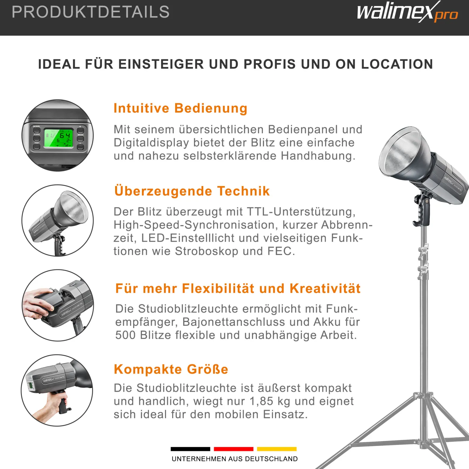 Walimex pro Mover 400 TTL Fotostudio-Blitzlicht 400 W 1/10000 s Schwarz, Grau - Fotostudio-Blitzlichter, Akkublitz Mover 400 TTL