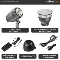 Walimex pro Mover 400 TTL Fotostudio-Blitzlicht 400 W 1/10000 s Schwarz, Grau - Fotostudio-Blitzlichter, Akkublitz Mover 400 TTL