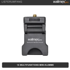 Walimex pro Multifunktionale Mini-Klemme - LED-Leuchten-Halterung mit 1/4 Zoll Gewinde, maximal Belastbarkeit 350 g, rutschfeste Gummierung, universelle Klemme für Smartphones, Tablets und Laptops
