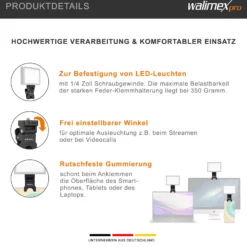 Walimex pro Multifunktionale Mini-Klemme - LED-Leuchten-Halterung mit 1/4 Zoll Gewinde, maximal Belastbarkeit 350 g, rutschfeste Gummierung, universelle Klemme für Smartphones, Tablets und Laptops