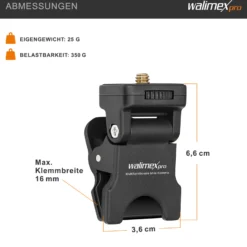 Walimex pro Multifunktionale Mini-Klemme - LED-Leuchten-Halterung mit 1/4 Zoll Gewinde, maximal Belastbarkeit 350 g, rutschfeste Gummierung, universelle Klemme für Smartphones, Tablets und Laptops