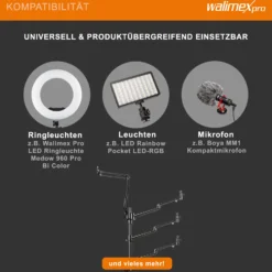 Walimex pro Multi Streaming Arm Tischstativ, Ständer zur Befestigung von Kamera, LED bis 2 kg inkl. 360° Kugelkopf für Vlogging, Video Calls, stabiles Klemmstativ bis 65 mm Tischdicke