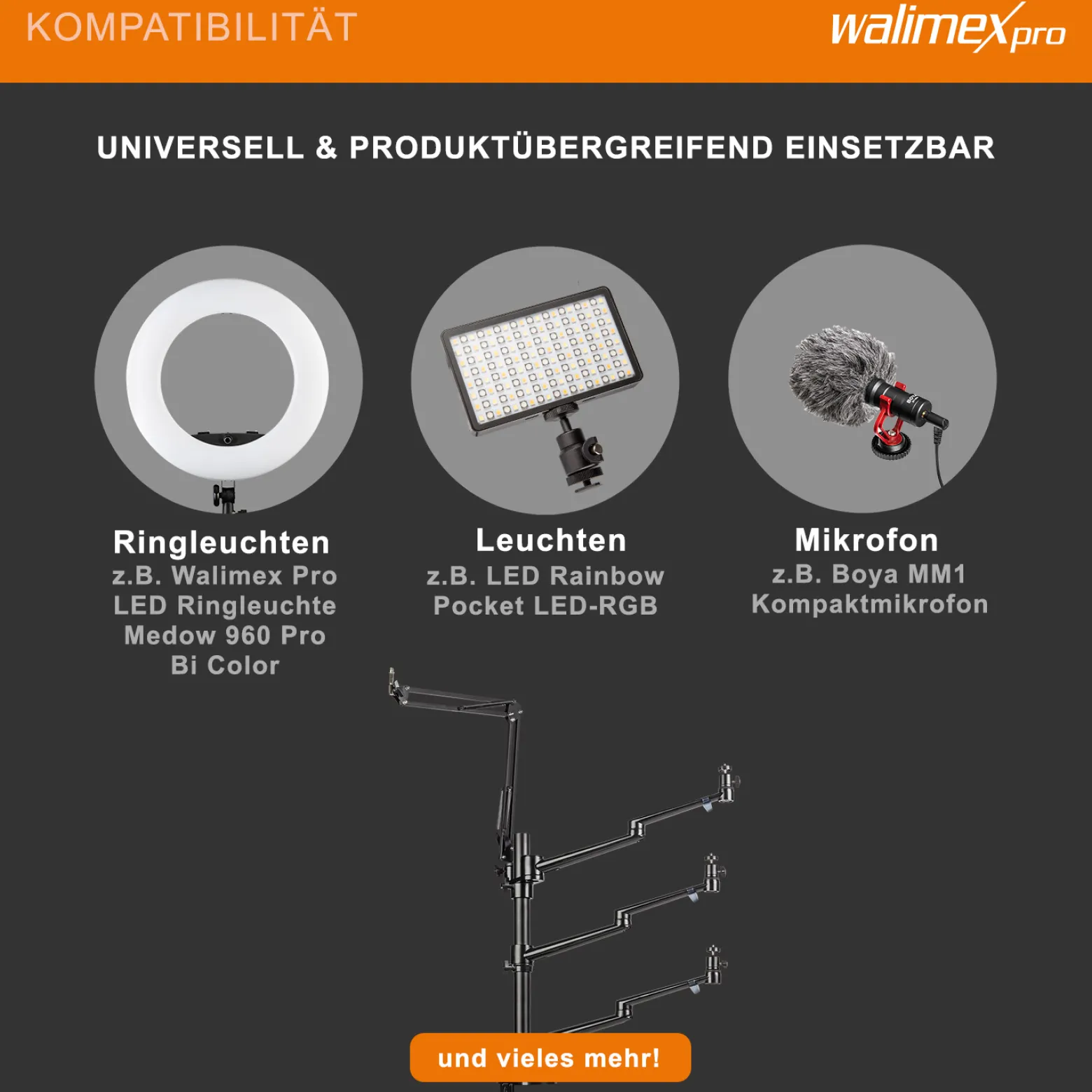 Walimex pro Multi Streaming Arm Tischstativ, Ständer zur Befestigung von Kamera, LED bis 2 kg inkl. 360° Kugelkopf für Vlogging, Video Calls, stabiles Klemmstativ bis 65 mm Tischdicke