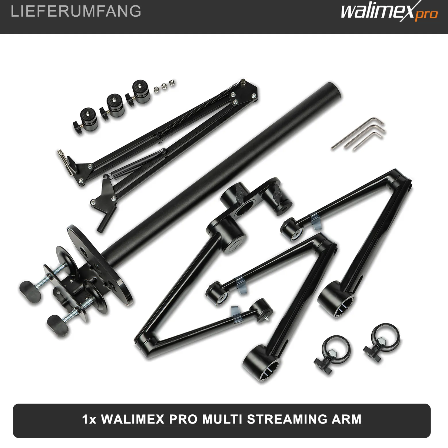 Walimex pro Multi Streaming Arm Tischstativ, Ständer zur Befestigung von Kamera, LED bis 2 kg inkl. 360° Kugelkopf für Vlogging, Video Calls, stabiles Klemmstativ bis 65 mm Tischdicke
