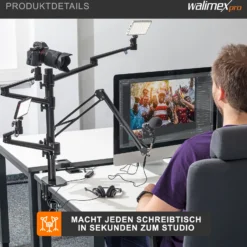 Walimex pro Multi Streaming Arm Tischstativ, Ständer zur Befestigung von Kamera, LED bis 2 kg inkl. 360° Kugelkopf für Vlogging, Video Calls, stabiles Klemmstativ bis 65 mm Tischdicke