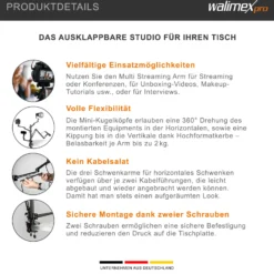Walimex pro Multi Streaming Arm Tischstativ, Ständer zur Befestigung von Kamera, LED bis 2 kg inkl. 360° Kugelkopf für Vlogging, Video Calls, stabiles Klemmstativ bis 65 mm Tischdicke