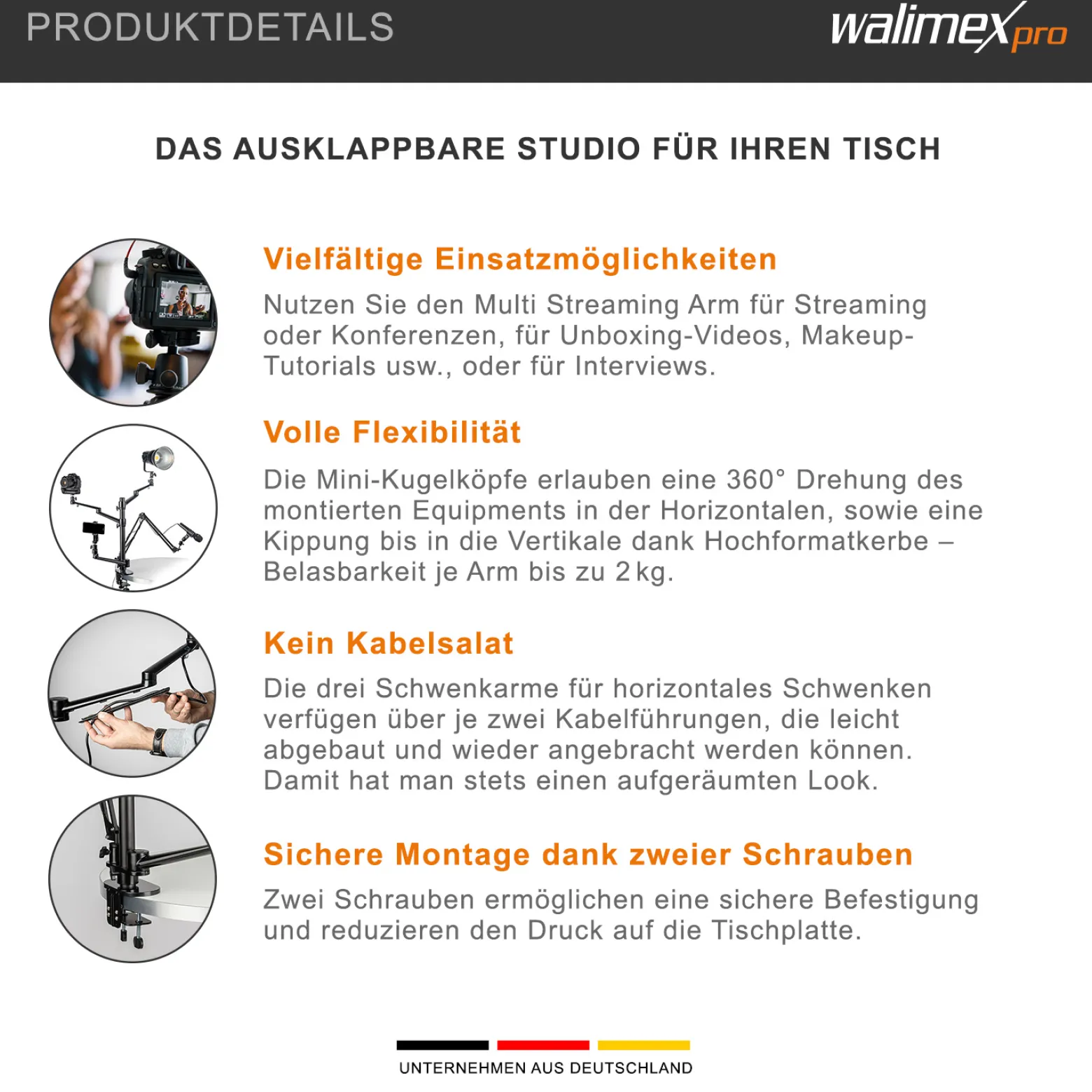 Walimex pro Multi Streaming Arm Tischstativ, Ständer zur Befestigung von Kamera, LED bis 2 kg inkl. 360° Kugelkopf für Vlogging, Video Calls, stabiles Klemmstativ bis 65 mm Tischdicke