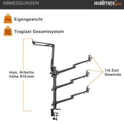Walimex pro Multi Streaming Arm Tischstativ, Ständer zur Befestigung von Kamera, LED bis 2 kg inkl. 360° Kugelkopf für Vlogging, Video Calls, stabiles Klemmstativ bis 65 mm Tischdicke