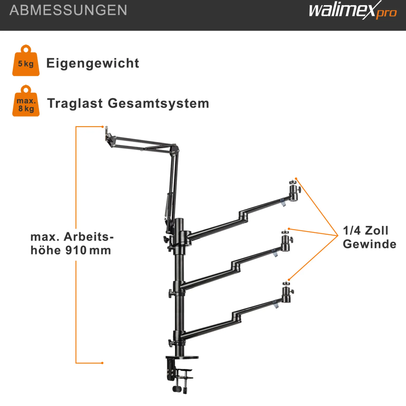 Walimex pro Multi Streaming Arm Tischstativ, Ständer zur Befestigung von Kamera, LED bis 2 kg inkl. 360° Kugelkopf für Vlogging, Video Calls, stabiles Klemmstativ bis 65 mm Tischdicke