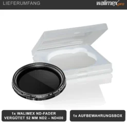 Walimex pro ND-Fader Graufilter vergütet 52 mm ND2-ND400 - Objektiv Filter aus hochwertigem optischem Glas, mit Metallfassung und Schutzhülle - Foto Zubehör