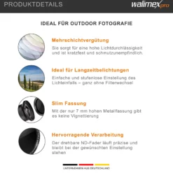 Walimex pro ND-Fader Graufilter vergütet 86 mm ND2-ND400 - Objektiv Filter aus hochwertigem optischem Glas, mit Metallfassung und Schutzhülle - Foto Zubehör
