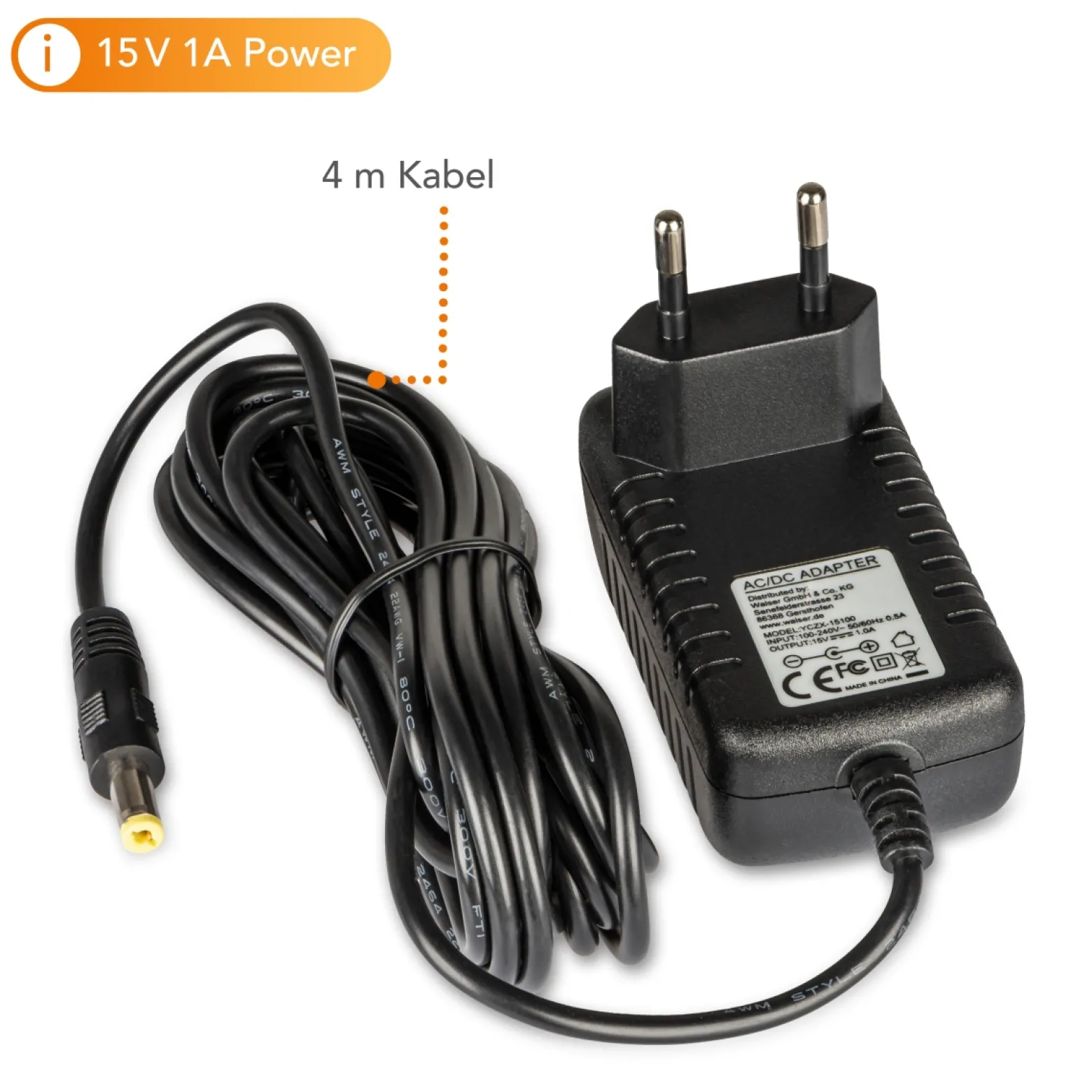 Walimex pro Netzteil für LED Niova 150 - 72 x 65 x 40 mm - 15 V / 1 A DC - mit 4 m Kabel u. Eurostecker - für Studio Beleuchtung Fotolampe Videolicht