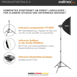 Walimex pro Newcomer 300 II 2er Set, Studioblitz Set inkl. Softboxen und Lampenstativen, LED Studiolicht 300 W mit Funk, hohe Lichtleistung ideal für Fotostudio