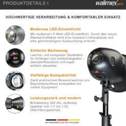 Walimex pro Newcomer 300 II 2er Set, Studioblitz Set inkl. Softboxen und Lampenstativen, LED Studiolicht 300 W mit Funk, hohe Lichtleistung ideal für Fotostudio