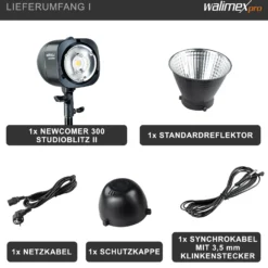 Walimex pro Newcomer 300 II Set, Studioblitz inkl. Softbox und Lampenstativ, LED Studiolicht mit Funk, Studiolampe 300 W mit hoher Lichtleistung ideal für Fotostudio