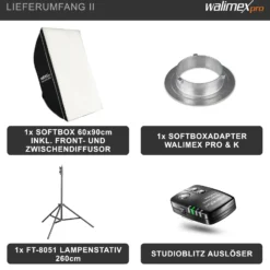 Walimex pro Newcomer 300 II Set, Studioblitz inkl. Softbox und Lampenstativ, LED Studiolicht mit Funk, Studiolampe 300 W mit hoher Lichtleistung ideal für Fotostudio