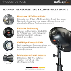 Walimex pro Newcomer 100 II Set, Studioblitz Set inkl. Softbox und Lampenstativ, LED Studiolicht mit Funk, Studiolampe mit hoher Lichtleistung ideal für Fotostudio
