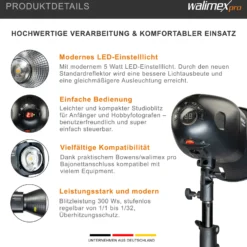 Walimex pro Newcomer 300 II Studioblitz, LED Studiolicht mit Funk, Studiolampe 300 W mit hoher Lichtleistung, Studio Blitz mit Überhitzungsschutz ideal für Fotostudio