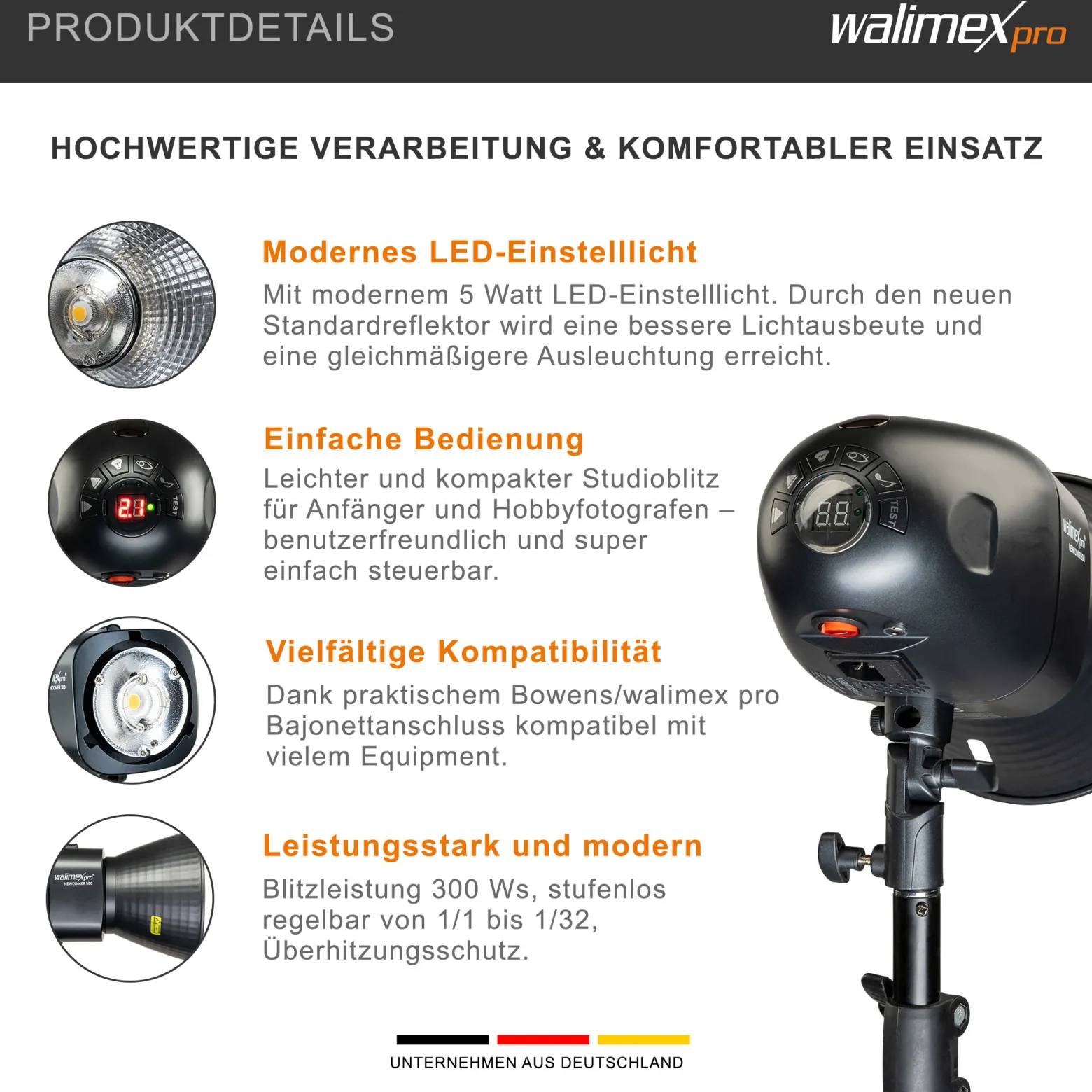 Walimex pro Newcomer 300 II Studioblitz, LED Studiolicht mit Funk, Studiolampe 300 W mit hoher Lichtleistung, Studio Blitz mit Überhitzungsschutz ideal für Fotostudio