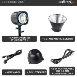 Walimex pro Newcomer 300 II Studioblitz, LED Studiolicht mit Funk, Studiolampe 300 W mit hoher Lichtleistung, Studio Blitz mit Überhitzungsschutz ideal für Fotostudio