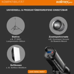 Walimex pro Niova Plus Daylight, dimmbare LED Videoleuchte 200 W, Videolicht mit Bowens-Reflektor & Soft Diffusor, Studiolicht mit COB-LED-Technologie