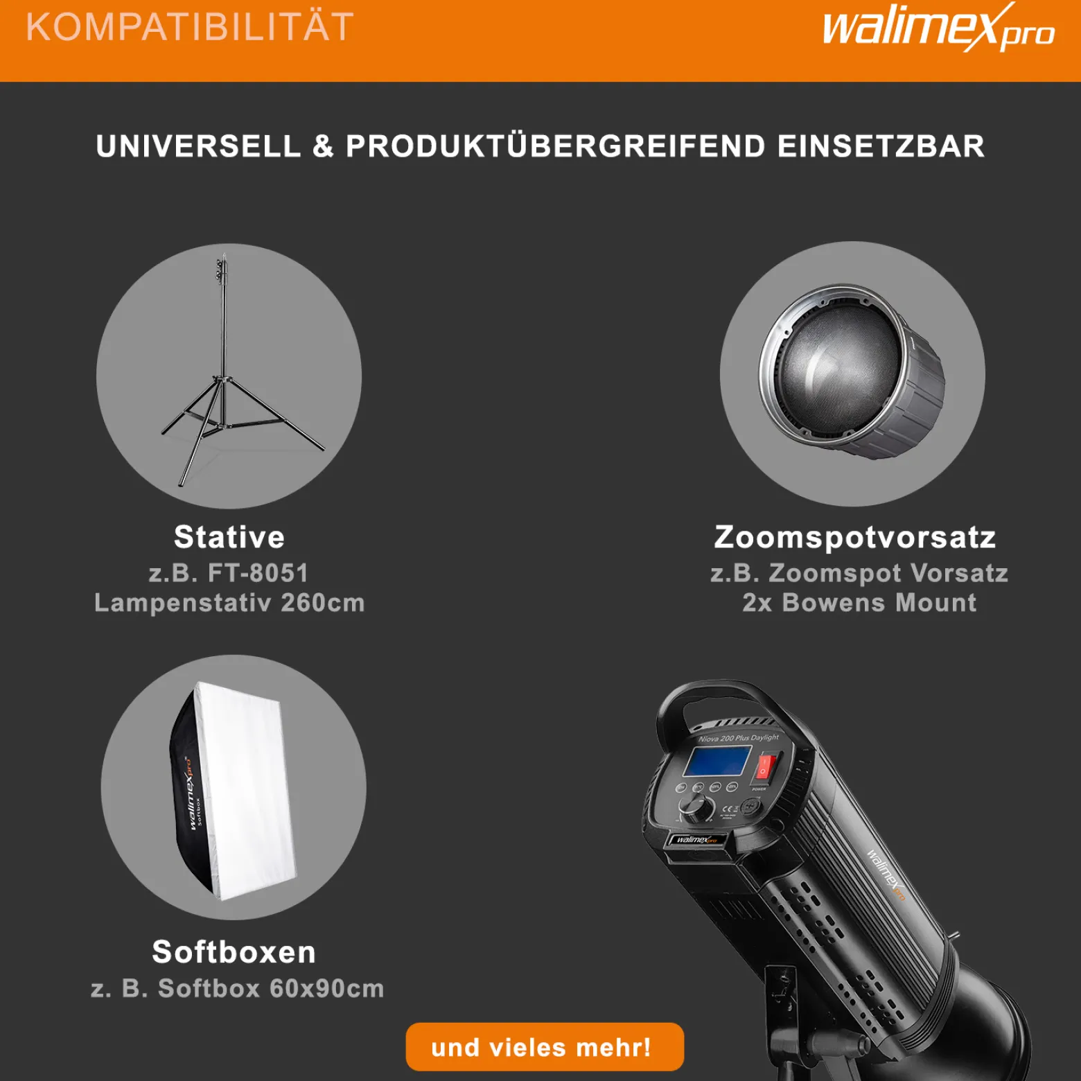 Walimex pro Niova Plus Daylight, dimmbare LED Videoleuchte 200 W, Videolicht mit Bowens-Reflektor & Soft Diffusor, Studiolicht mit COB-LED-Technologie