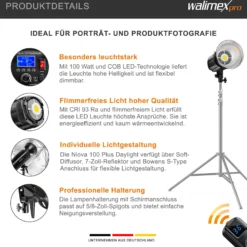 Walimex pro Niova Plus Daylight, dimmbare LED Videoleuchte 100 W, Videolicht mit Bowens-Reflektor & Soft Diffusor, Studiolicht mit COB-LED-Technologie