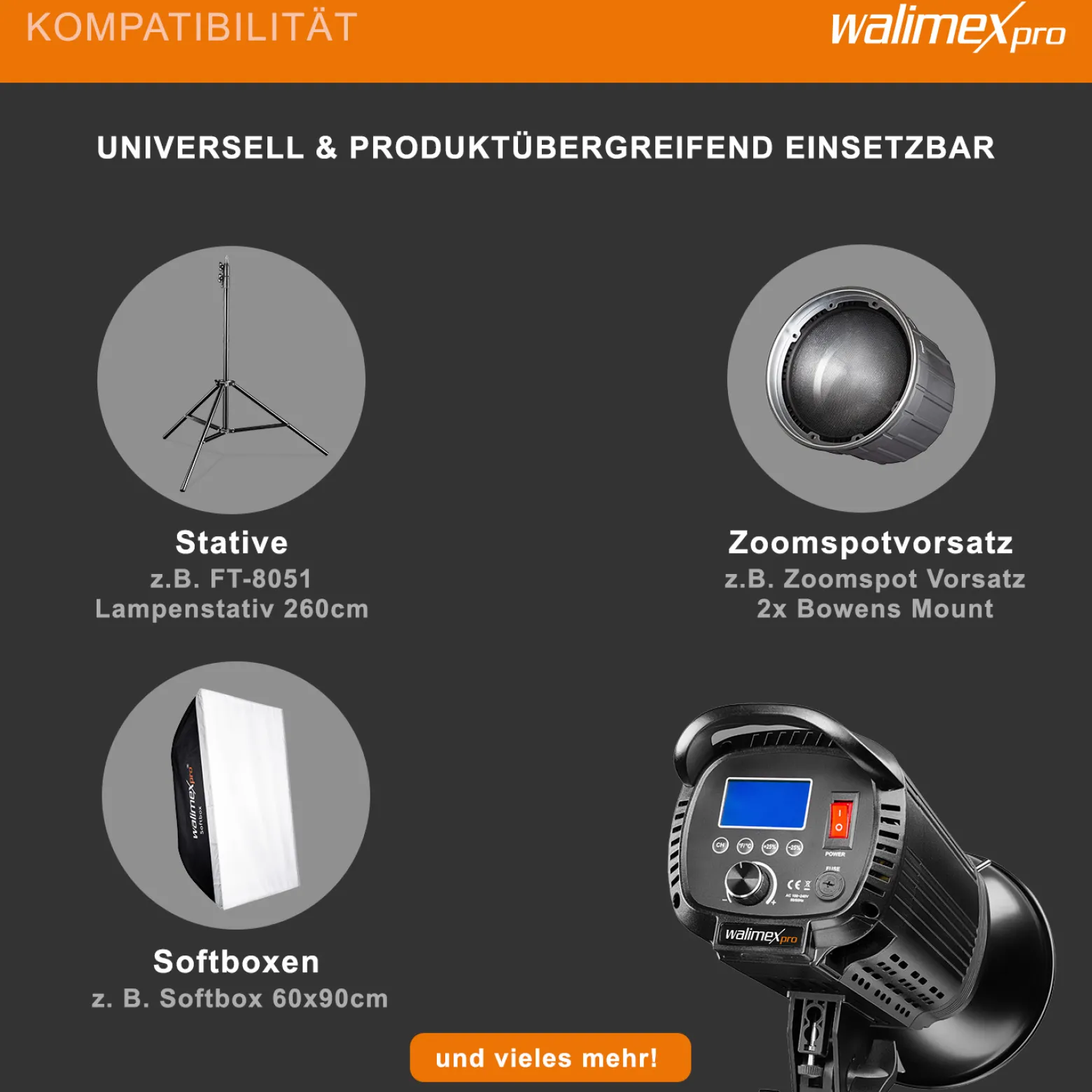 Walimex pro Niova Plus Daylight, dimmbare LED Videoleuchte 100 W, Videolicht mit Bowens-Reflektor & Soft Diffusor, Studiolicht mit COB-LED-Technologie
