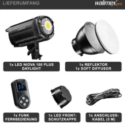 Walimex pro Niova Plus Daylight, dimmbare LED Videoleuchte 100 W, Videolicht mit Bowens-Reflektor & Soft Diffusor, Studiolicht mit COB-LED-Technologie