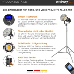 Walimex pro Niova Plus Daylight Studioleuchte 350 W, dimmbare LED Videoleuchte, Videolicht mit Bowens-Reflektor & Soft Diffusor, Studiolicht mit COB-LED-Technologie
