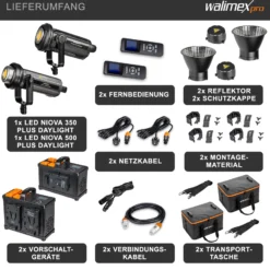 Walimex pro Niova Plus Daylight Set 350 & 500 W, dimmbare Videoleuchte, Videolicht mit Bowens-Reflektor & Soft Diffusor, Studiolicht mit COB-LED-Technologie