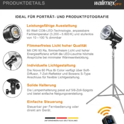 Walimex pro Niova 60 Plus Videoleuchte, LED Studioleuchte mit Bowens-Reflektor und Soft Diffusor, Studiolicht mit COB LED-Technologie und Bi-Color Funktion