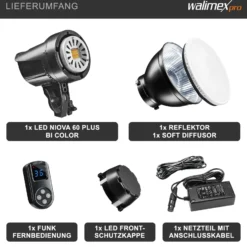 Walimex pro Niova 60 Plus Videoleuchte, LED Studioleuchte mit Bowens-Reflektor und Soft Diffusor, Studiolicht mit COB LED-Technologie und Bi-Color Funktion
