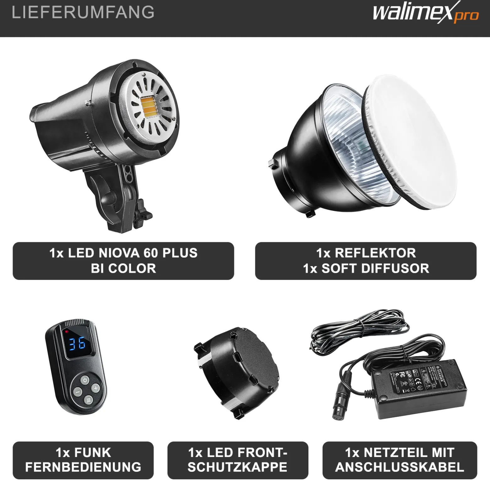 Walimex pro Niova 60 Plus Videoleuchte, LED Studioleuchte mit Bowens-Reflektor und Soft Diffusor, Studiolicht mit COB LED-Technologie und Bi-Color Funktion