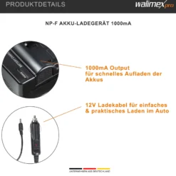 Walimex pro NP-F Akku-Ladegerät - 85 x 40 x 35 mm / 1000 mA - mit LED Anzeige, 12 V Ladekabel, automatischer Abschaltung - Zubehör für Fotografen