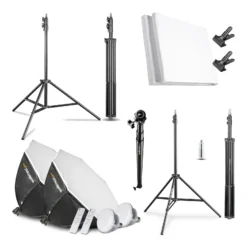 Walimex pro Octagon Fotostudio Set, 45 W LED Leuchte mit Softbox, Lampenstative, Hintergrund, Bi-Color Videoleuchte mit Hintergrundsystem, Studioleuchte mit Fernbedienung