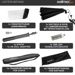 Walimex pro Octagon Softbox 55 cm mit 35 W LED Set inkl. FT-8051 Lampenstativ bis 260 cm Höhe, Studioleuchte 5000 K Tageslicht plus Lichtstativ mit Federdämpfung