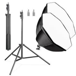 Walimex pro Octagon Softbox 2er Set 55 cm mit 35 W LED inkl. 2 x FT-8051 Lampenstativ bis 260 cm Höhe, Studioleuchte 5000 K Tageslicht plus Lichtstativ mit Federdämpfung