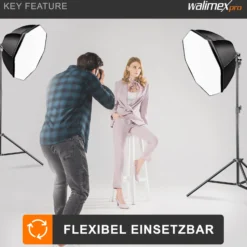 Walimex pro Octagon Softbox 2er Set 55 cm mit 35 W LED inkl. 2 x FT-8051 Lampenstativ bis 260 cm Höhe, Studioleuchte 5000 K Tageslicht plus Lichtstativ mit Federdämpfung