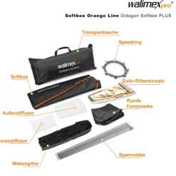 Walimex pro Octagon Softbox Plus Orange Line 90 cm - 600 x 900 x 900 mm - mit golden-silbernem Einsatz - schwarz-weiß - Lichtformer für Porträt- und Peoplefotografie