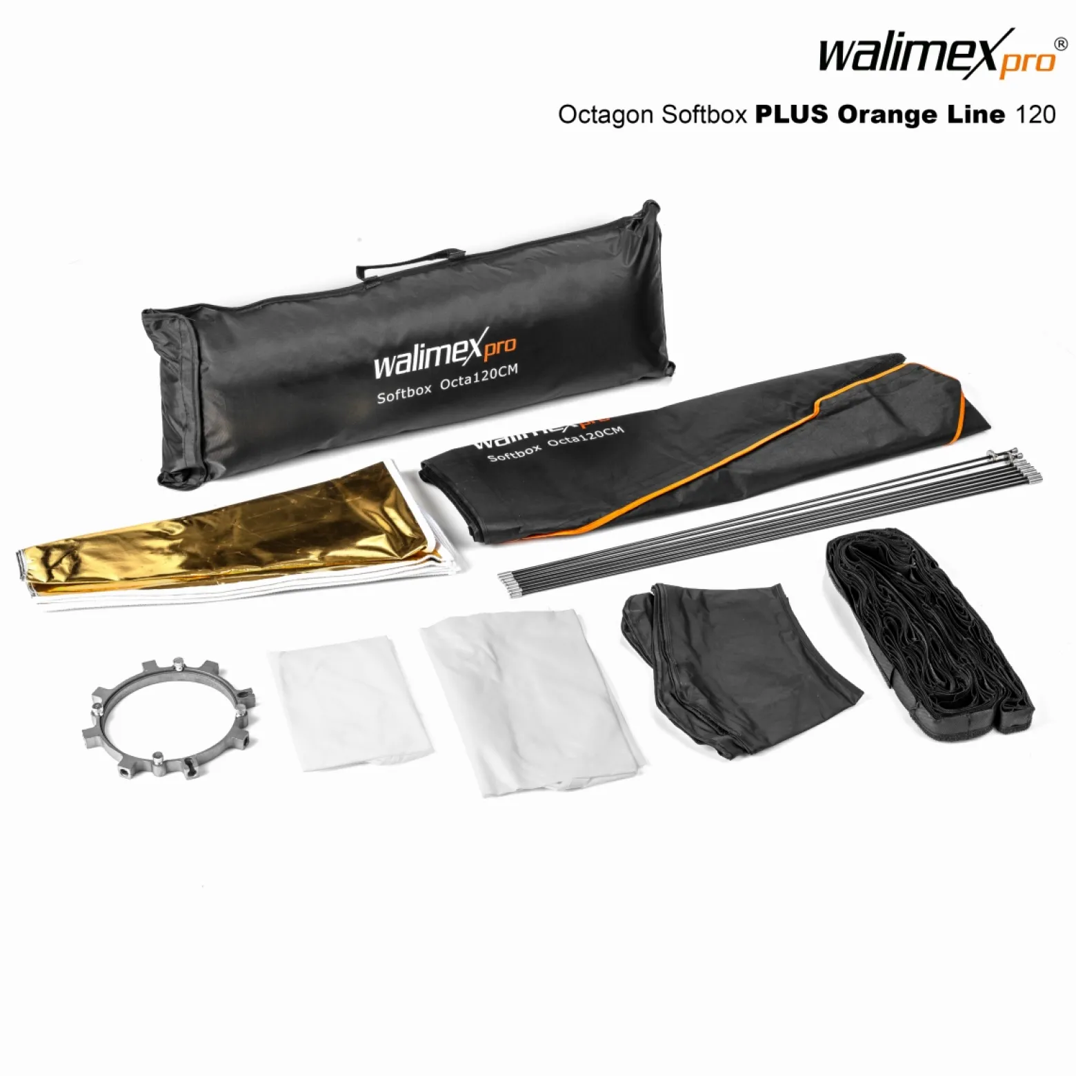 Walimex pro Octagon Softbox Plus Orange Line 120 cm - 900 x 1200 x 1200 mm - mit golden-silbernem Einsatz - schwarz-weiß - inkl. Adapters für pro & K