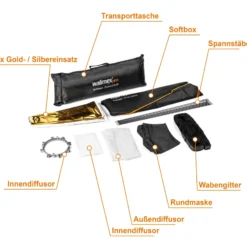 Walimex pro Octagon Softbox Plus Orange Line 120 cm - 900 x 1200 x 1200 mm - mit golden-silbernem Einsatz - schwarz-weiß - inkl. Adapters für pro & K