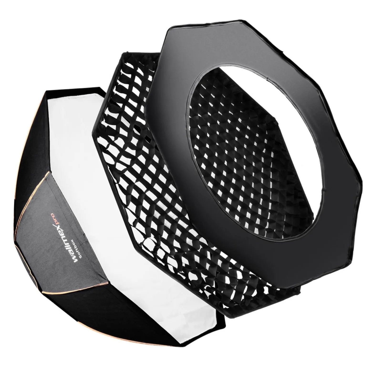 Walimex pro Octagon Softbox Plus Orange Line 90 cm - 600 x 900 x 900 mm - mit golden-silbernem Einsatz - schwarz-weiß - Lichtformer inkl. Adapters für Elinchrom