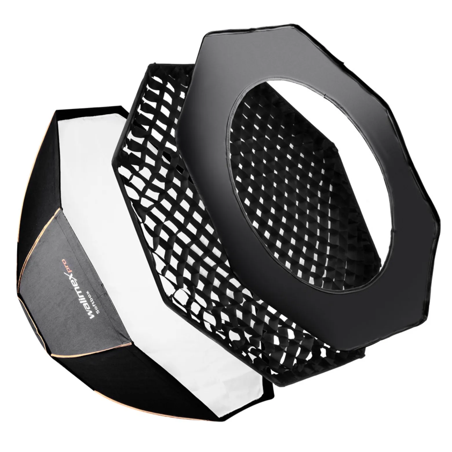 Walimex pro Octagon Softbox Plus Orange Line 90 cm - 600 x 900 x 900 mm - mit golden-silbernem Einsatz - schwarz-weiß - Lichtformer inkl. Adapters für pro&K