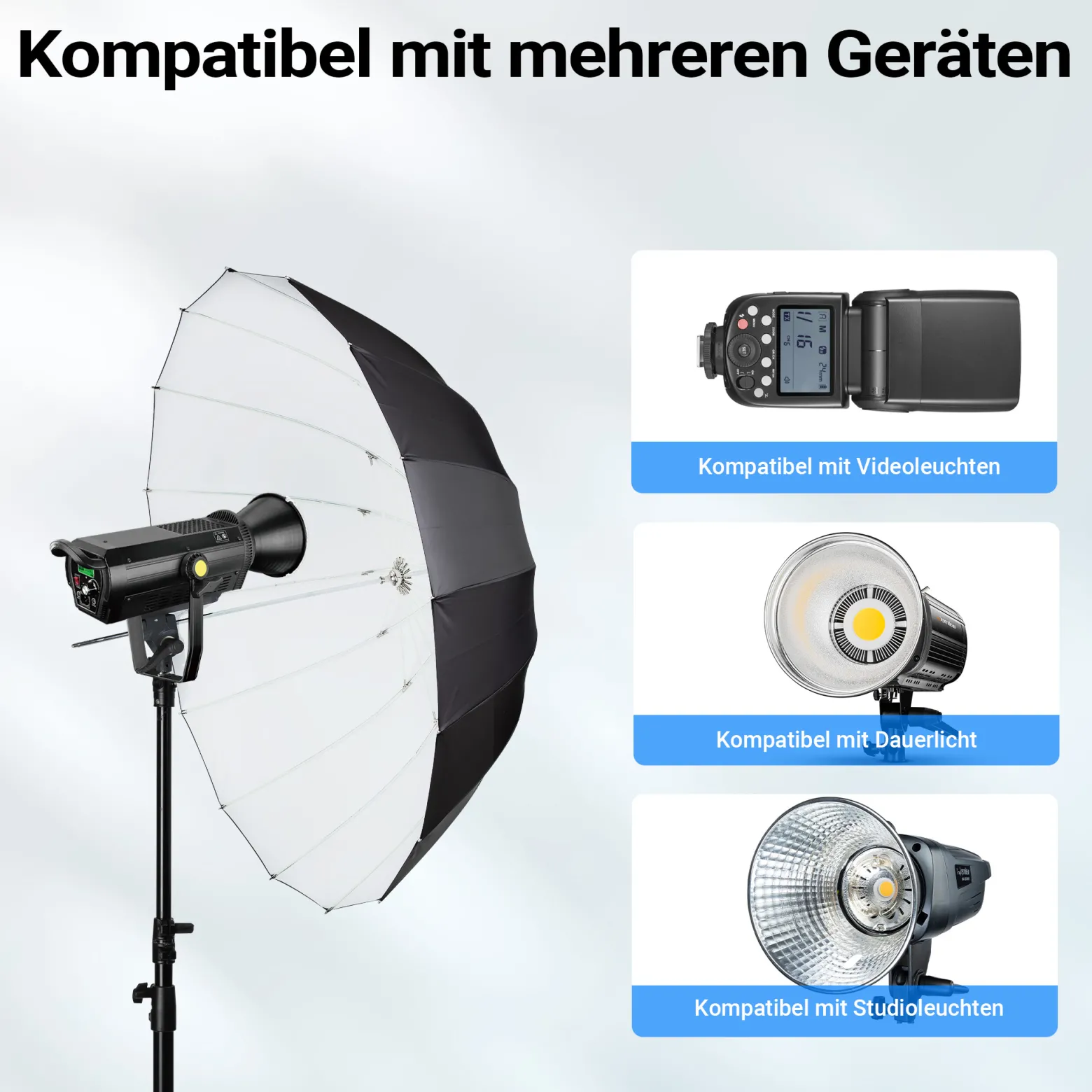 Walimex pro Parabol Reflexschirm schwarz/weiß Ø 129 cm + Diffusor – Lichtformer Set für Fotografie und Videografie