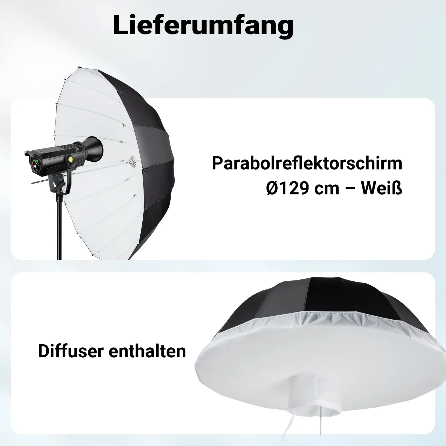 Walimex pro Parabol Reflexschirm schwarz/weiß Ø 129 cm + Diffusor – Lichtformer Set für Fotografie und Videografie