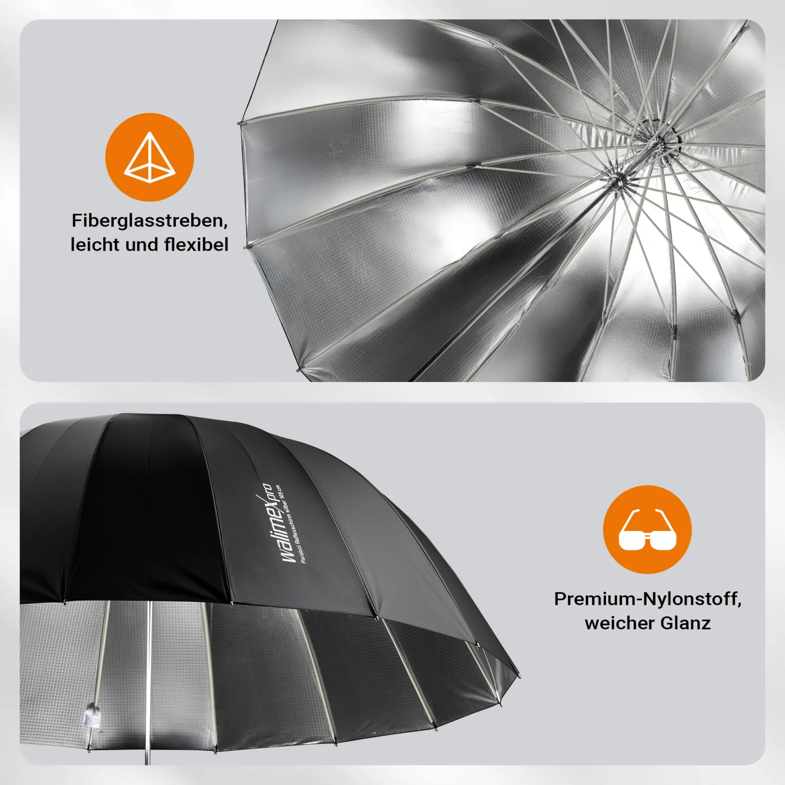 Walimex pro Parabol Reflexschirm schwarz/ silberfarben Ø 129 cm für kontrastreiches Licht