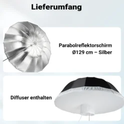 Walimex pro Parabol Reflexschirm schwarz/silberfarben Ø 129 cm + Diffusor – Lichtformer Set für Fotografie und Videografie