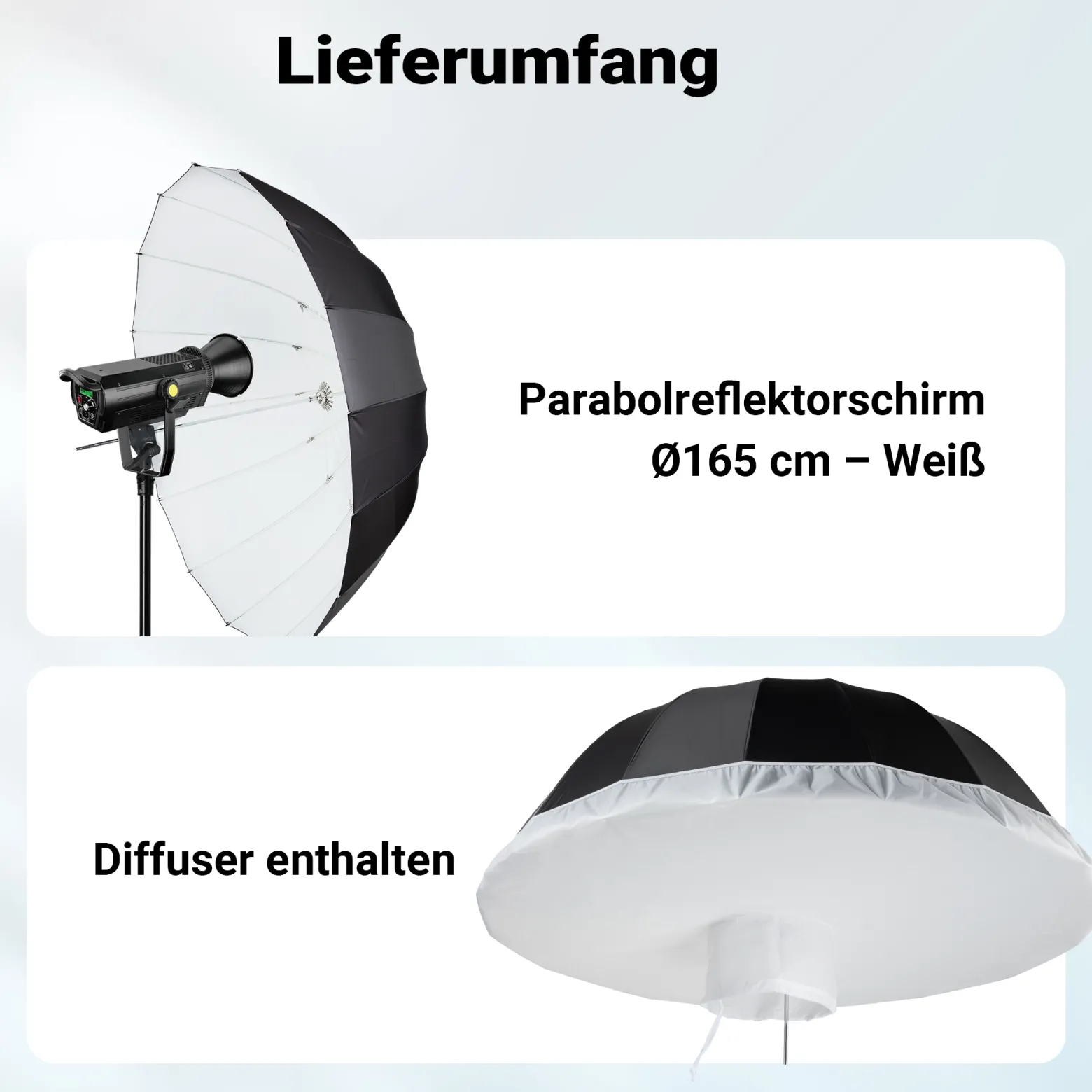 Walimex pro Parabol Reflexschirm schwarz/weiß Ø 165 cm + Diffusor – Lichtformer Set für Fotografie und Videografie