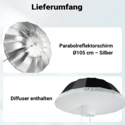Walimex pro Parabol Reflexschirm schwarz/silberfarben Ø 105 cm + Diffusor – Lichtformer Set für Fotografie und Videografie